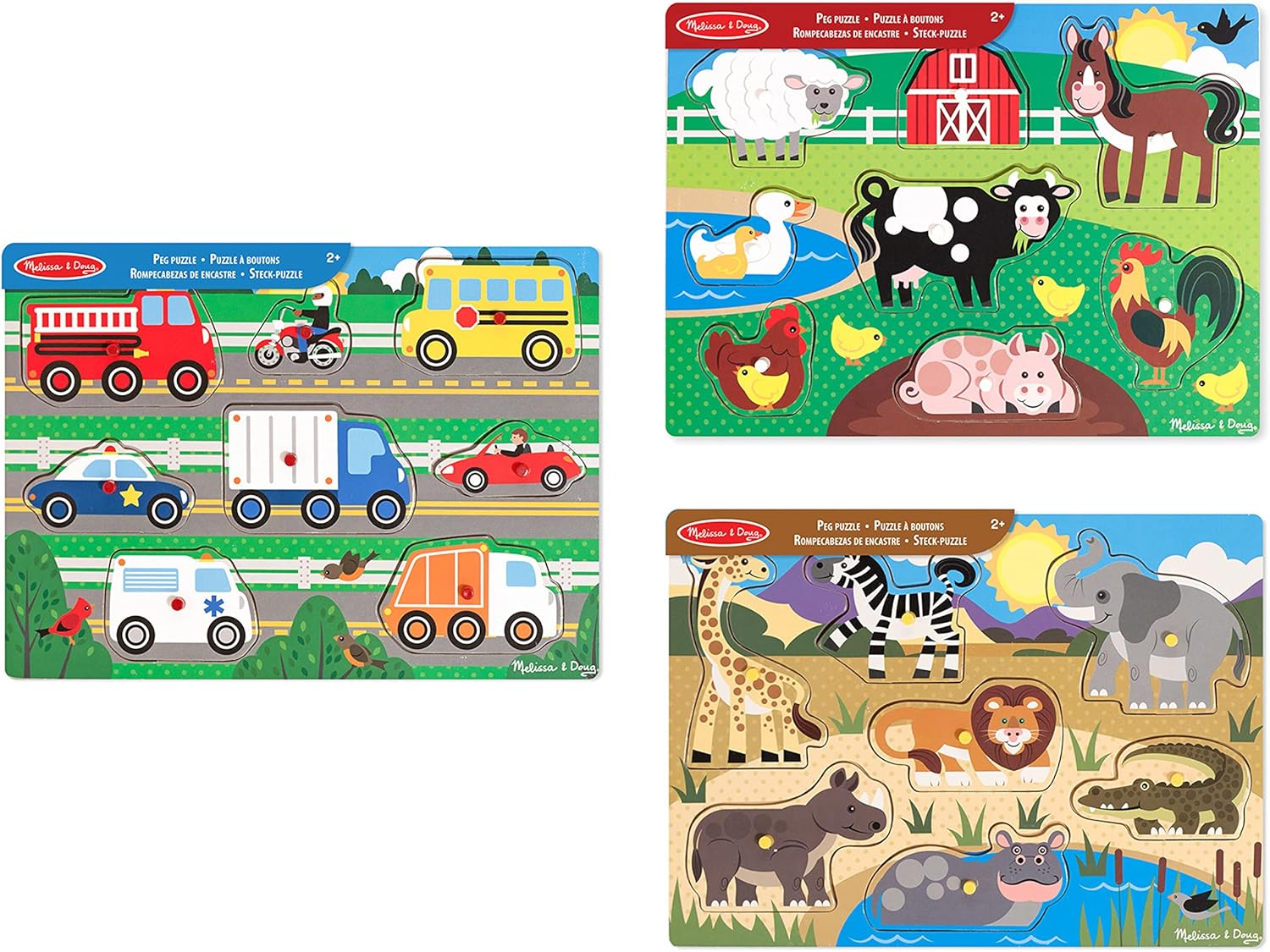 Melissa & Doug Zestaw Drewnianych Puzzli z Kołeczkami – Zwierzęta z Farmy, Safari i Pojazdy