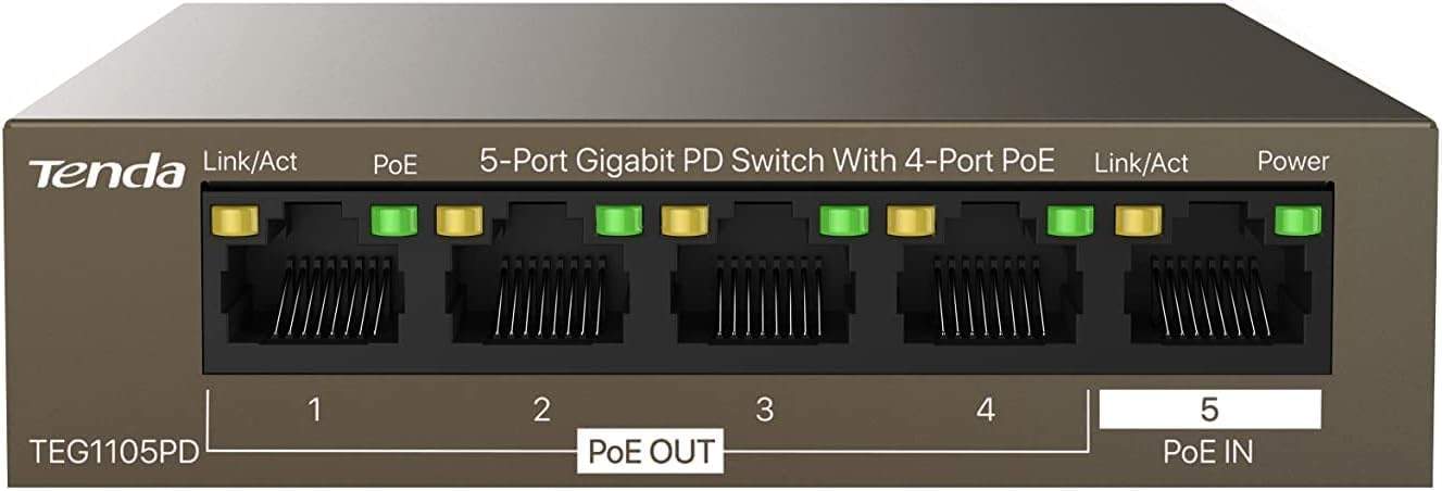 Tenda 5-portowy przełącznik Gigabit PoE – widok z przodu