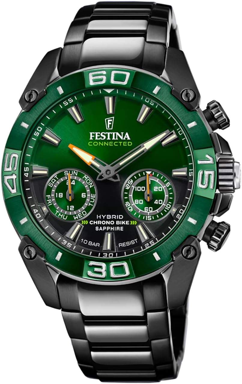 Festina Męski Zegarek F20548 Connected – Zielona Tarcza i Stalowa Koperta