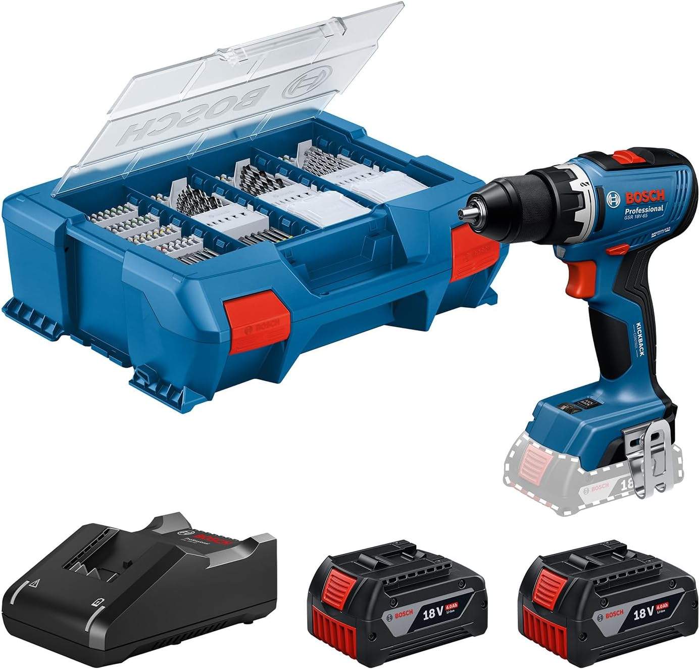 Bosch GSR 18V-65 w walizce z pełnym osprzętem