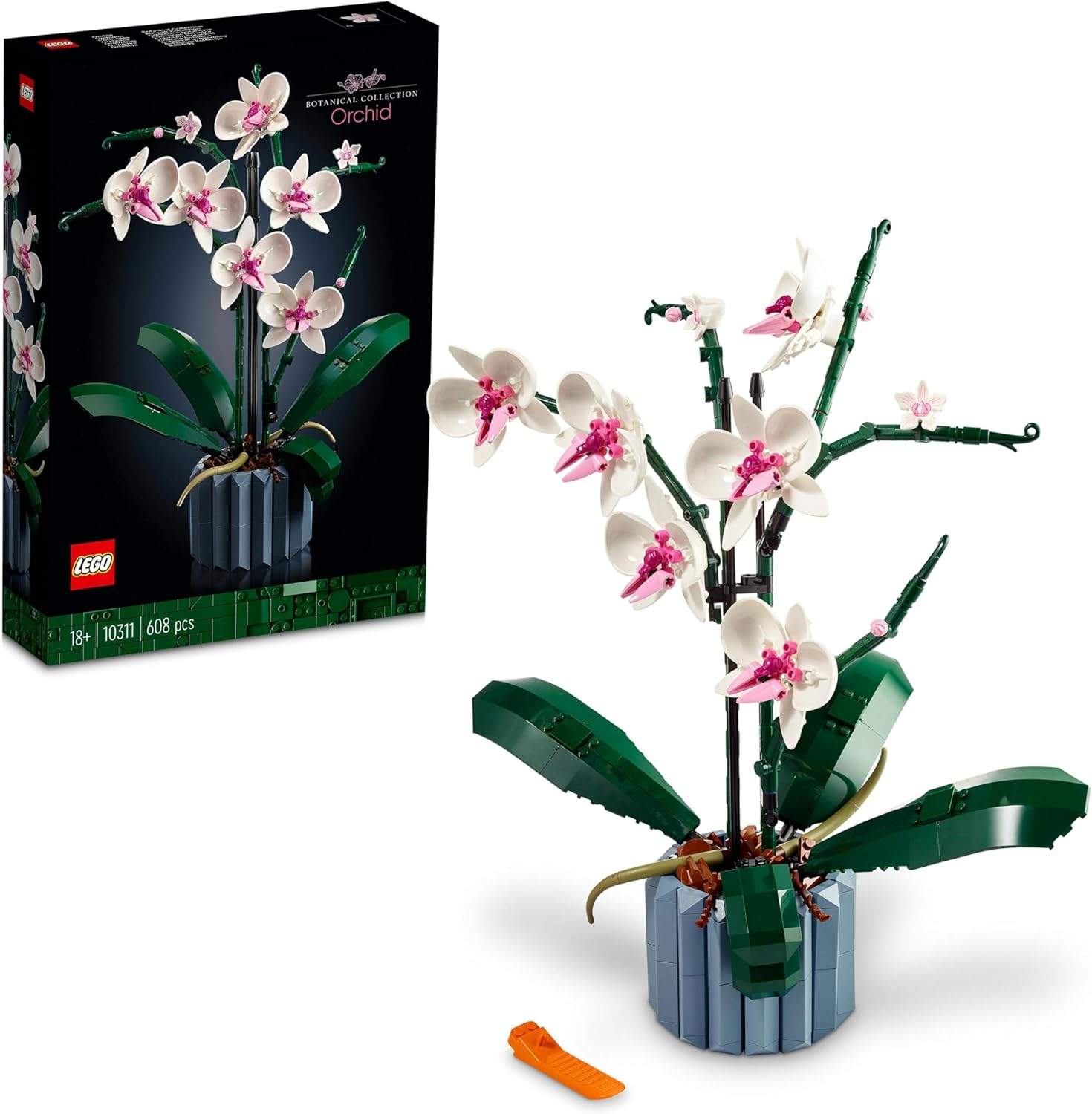 Gotowy model orchidei LEGO w niebieskim wazonie