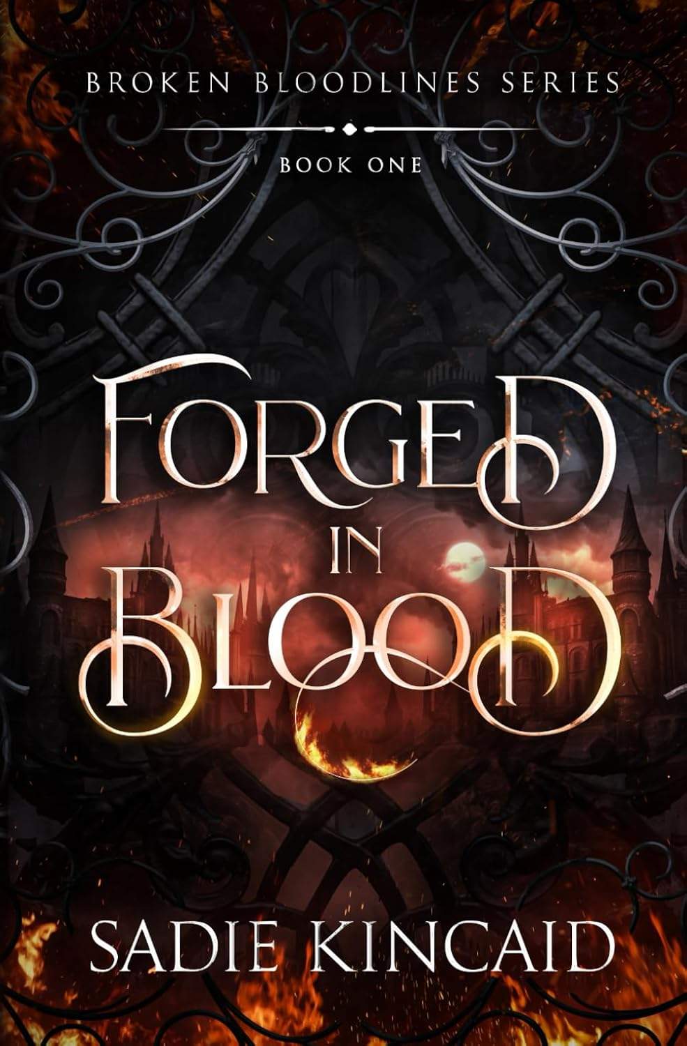 Okładka książki Forged in Blood z symbolami krwi i ognia