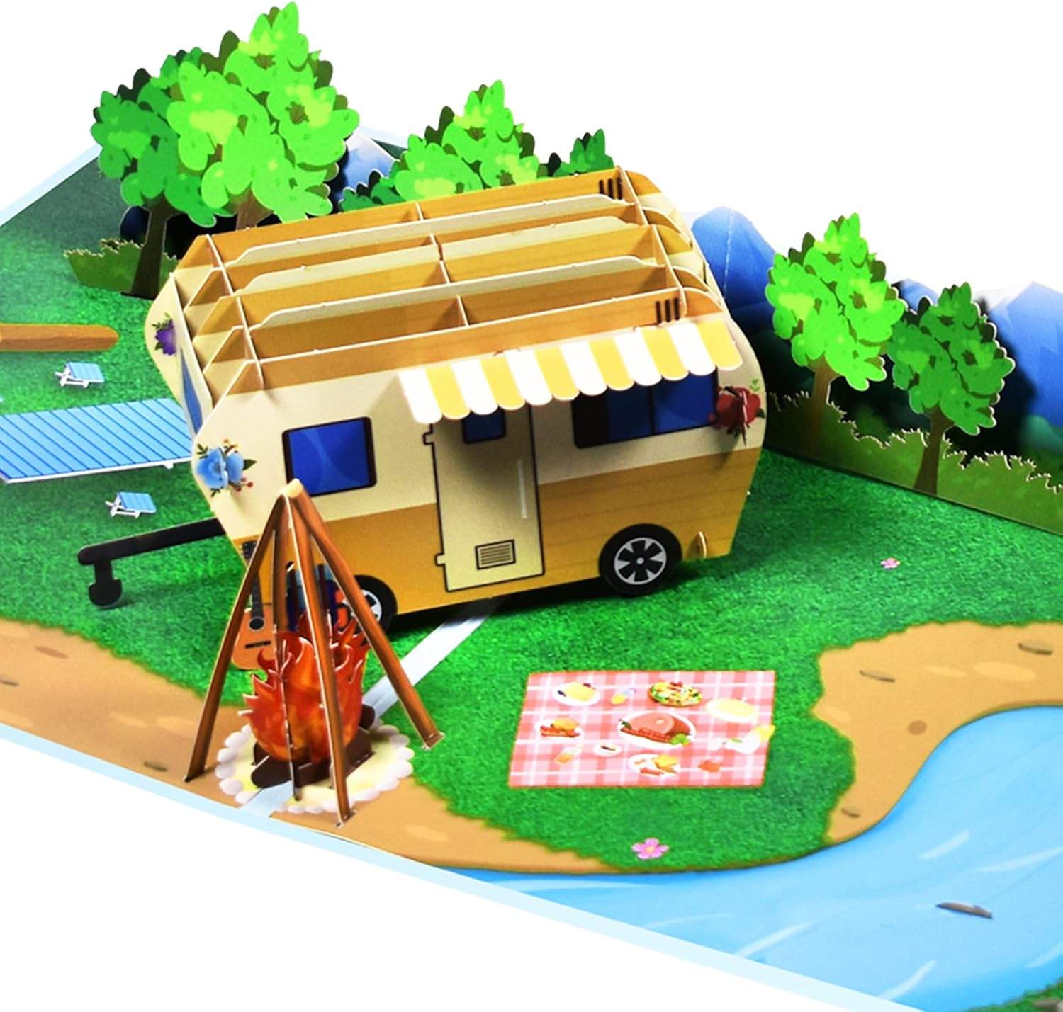Kartka pop-up z rozłożoną przyczepą kempingową 3D