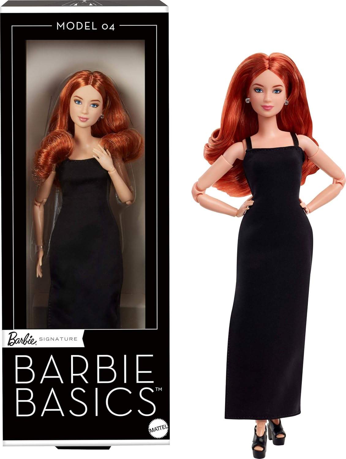 Barbie Basics Model 04 - frontalne zdjęcie lalki w czarnej sukience
