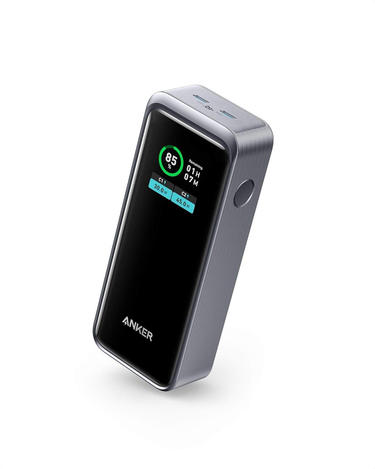 Anker Prime Powerbank pokazujący wyświetlacz z parametrami ładowania