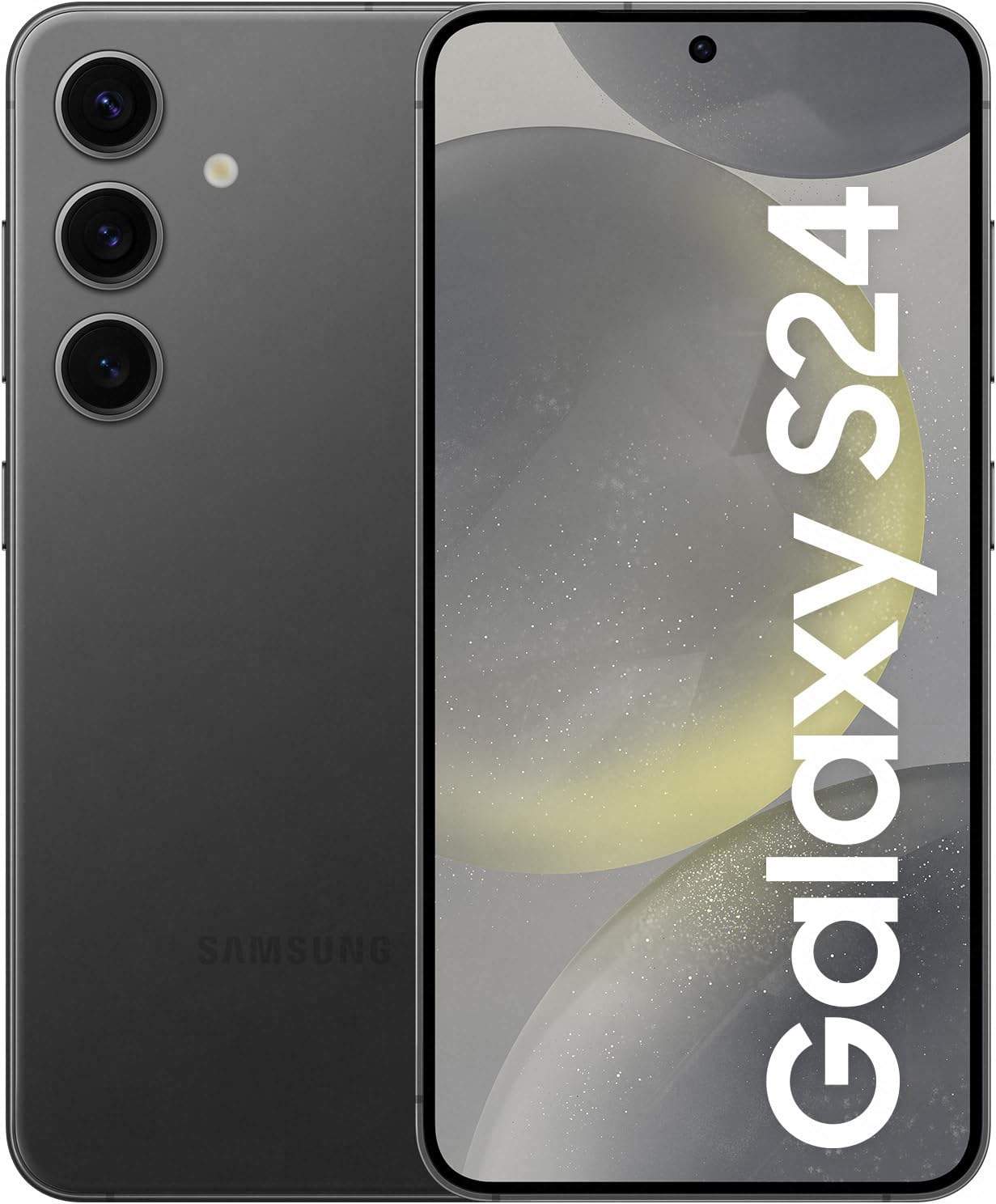 Galaxy S24 widok przód-tył z podświetlonym ekranem