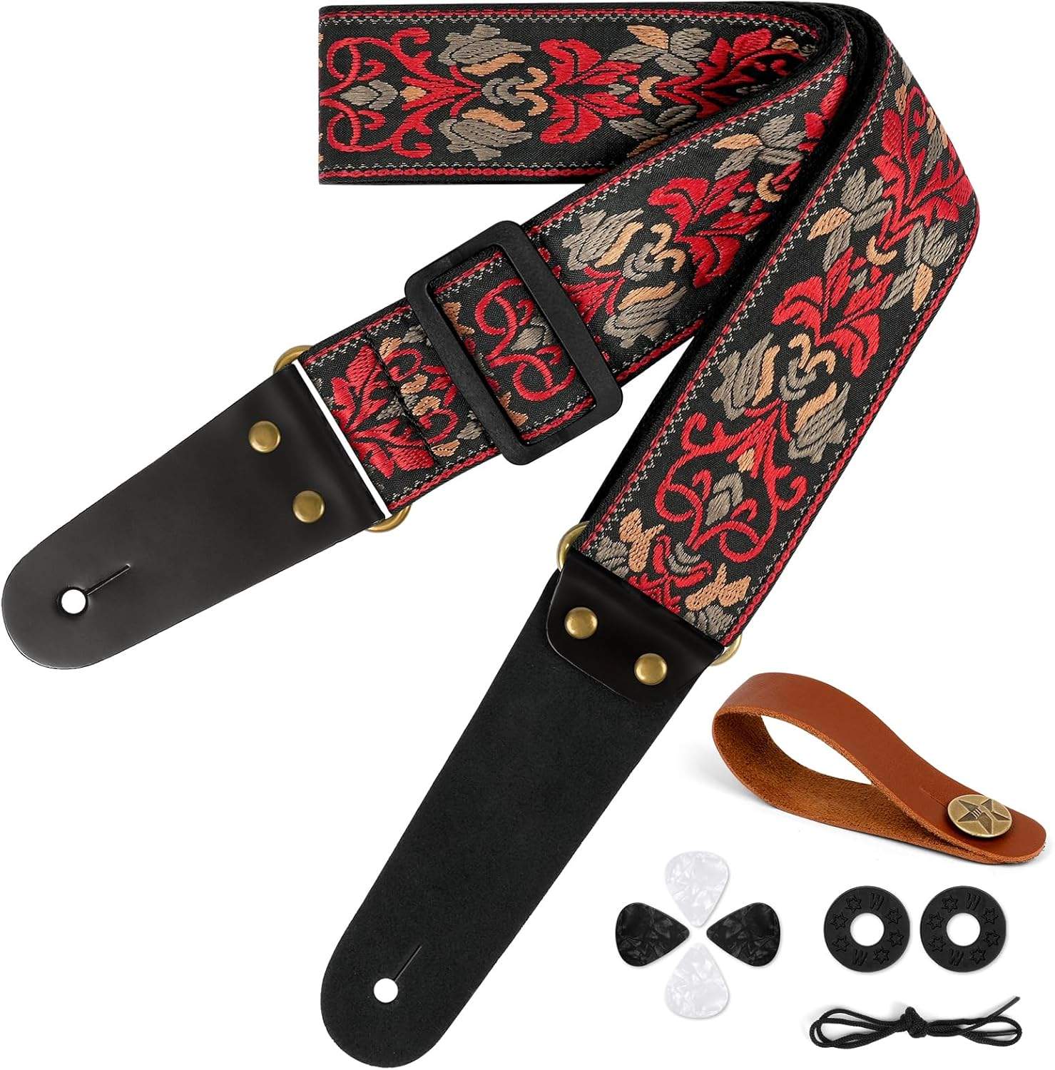 Skórzany pasek gitarowy z haftem w stylu retro